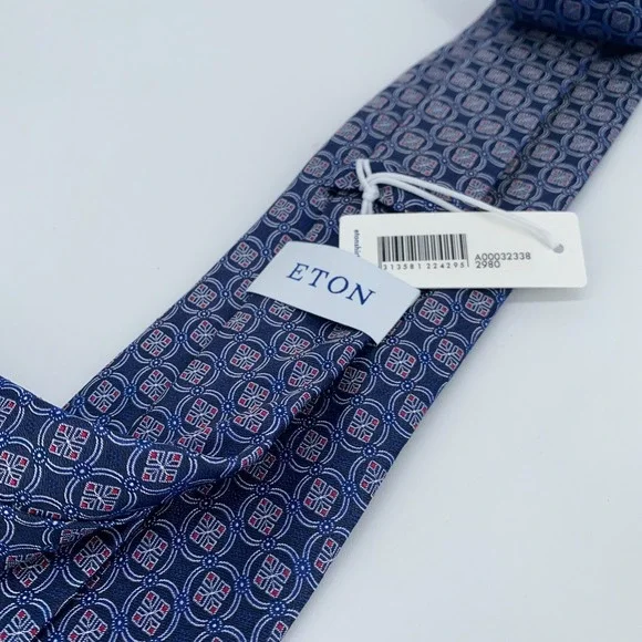 Eton Tie Mens One Size Navy Blue Patterned Silk Classic Necktie Italy Made NWT